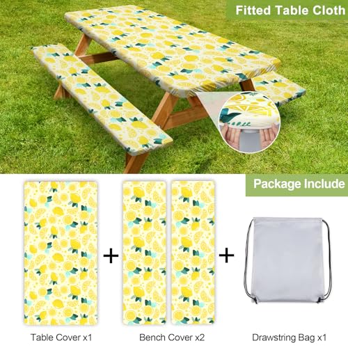 Image of Picnic Table Cover with Bench Covers 6FT 3 Pcs Waterproof Windproof Aesthetic Camping Tablecloth with Drawstring Bag, Fitted for 6 Foot Rectangle Tables and Seats, 72 inch, Yellow Lemon