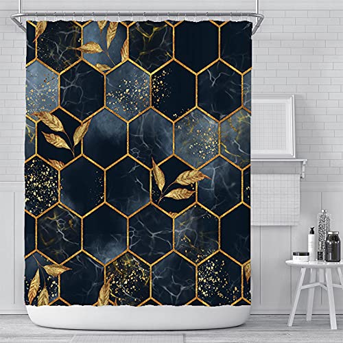 Grace Art Shower Curtain, Hexagonal Worlds, Dark Blue & Gold