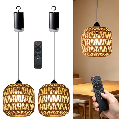 Suspension luminaire bohème en rotin : lot de 2 lampes à télécommande pour salon