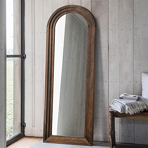 Kiayaci Arched Floor Mirror Wood Frame Wall Mounted Mirror Distressed Style Wide Frame Dressing Make Up Mirror For Bathroom/Bedroom/Living Room/Dining Room/Entry/Farmhouse (Coffee, 64" X 21") #TOP1