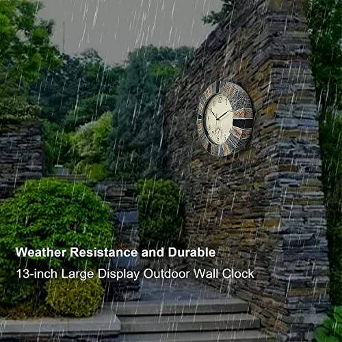 Eyotto 13-Inch Large Outdoor Indoor Clock, Waterproof Wall Clock With Thermometer, Weather-Resistant Non-Ticking Battery Operated Decor Clock For Pool, Terrace, Patio, Lanai, Fence, Porch, Garden #TOP4