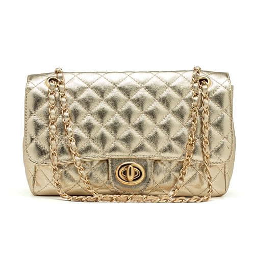 Bolsa Feminina Alça Corrente Couro Dourado Metalassê