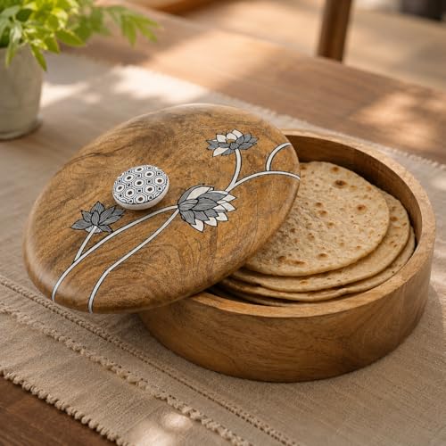 Image of Artysta 'Blooming Lotus' Wooden Chapati Box | Wooden Casserole For Roti | Chapati Box For Kitchen | Roti Box with Lid | Housewarming Gifts | Handpainted Roti Box | Mango Wood 8inch, 1080ml