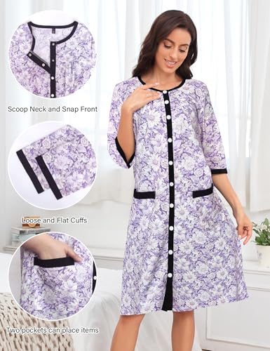 Image of Bloggerlove House Dress Women Cotton Snap Front Nightgown 3 /4 Sleeve Housecoat Duster Robe with Pockets Moomoo Patio Dress