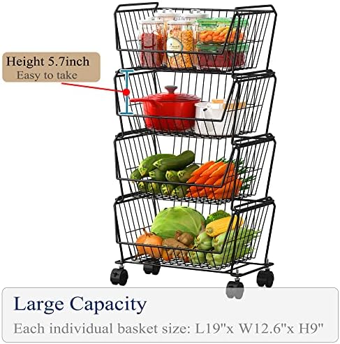 PUSDON Stackable Storage Metal Baskets, 4-Tier Anti-Rust Fruit Vegetable Rack, Floor Standing & Countertop Dual Use Shelf, Save Space for Kitchen Home Living Room Office Design Patent Approved, White