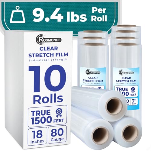 Bulk Plastic Wrap, 18" x 1500 ft, 10 Rolls Pack, 80 Gauge Thick & Strong Shrink Wrap, True 1500 ft Heavy & Durable Lasting Stretch Wrap, Pallet Wrap for Warehouse, Plastic Wrap for Moving