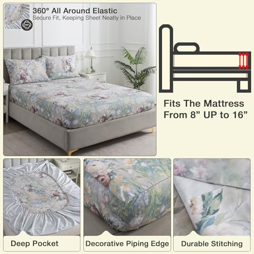 Image of Vintage Floral Sheets Queen, 100% Cotton Percale Shabby Rose Chic Sheet Set, Soft Crisp Aesthetic Green Flower Bed Sheets, Garden Toile Designer Bedding, Deep Pocket Fitted Sheet, 4Pcs