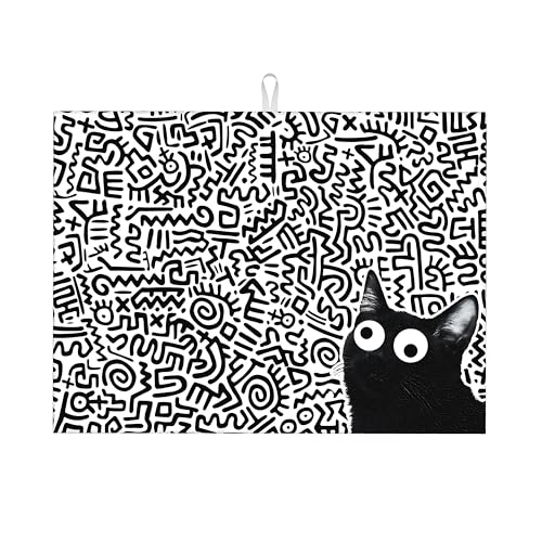 Black Cat Streak Dish Drying Mat 18x24 inches Microfiber Absorbent Fast Dry Mat for Kitchen Counter Coffee Bar Funny Cat Large Drying Mat Kitchen Decor Gifts (Black Cat, 18x24 inches)
