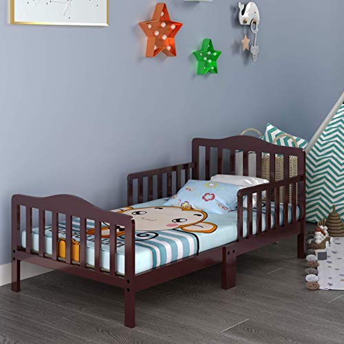 Costzon Toddler Bed, Classic Wood Kids Bed Frame W/Double Safety Guardrail, Low To Floor Design, Wooden Slat Support, Fits Full Size Crib Mattress, Bedroom Furniture For Boys & Girls (Cherry) #TOP6