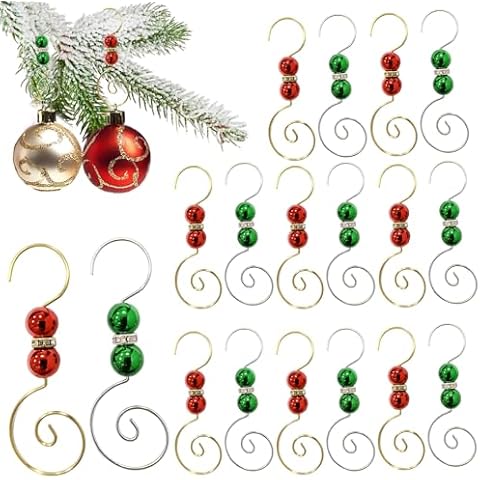 Furimuk 20 Pcs Christmas Ornament Hooks Red Green Acrylic Jewels Silver Gold Wire Ornament Hangers Decorative S-Hook with Lobster Claws for Christmas Stocking Christmas Balls Party Decorations Cover