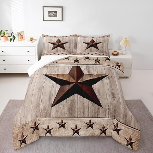 Image of Rustic Texas Star Comforter Western Texas Comforter Set for Boys Girls Rustic Wood Grain Bedding Set Farmhouse Duvet Set Room Decor Quilt King Size Boys