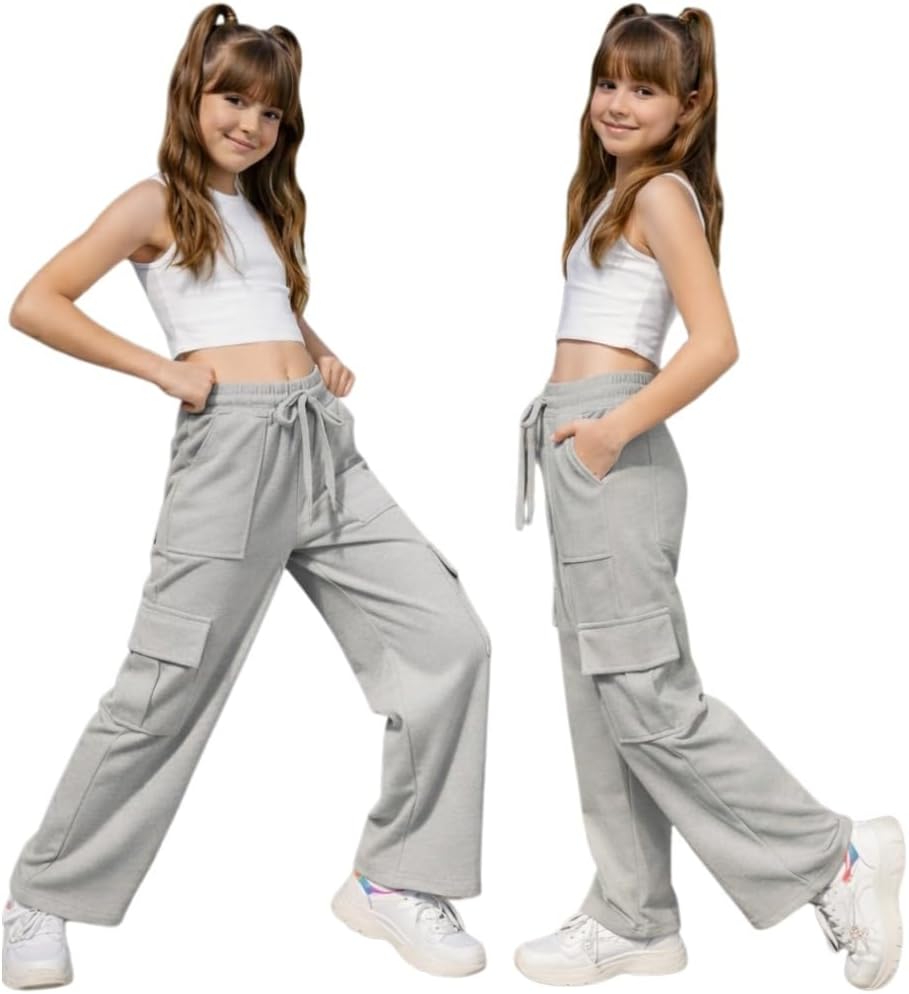 Calça Cargo Juvenil Feminina Moletom Infantil Calça de Moletom Menina Perna Larga Cintura Elástica com Bolsos Cargo Calça Casual Esportiva Meninas Adolescente – DENYS MODA