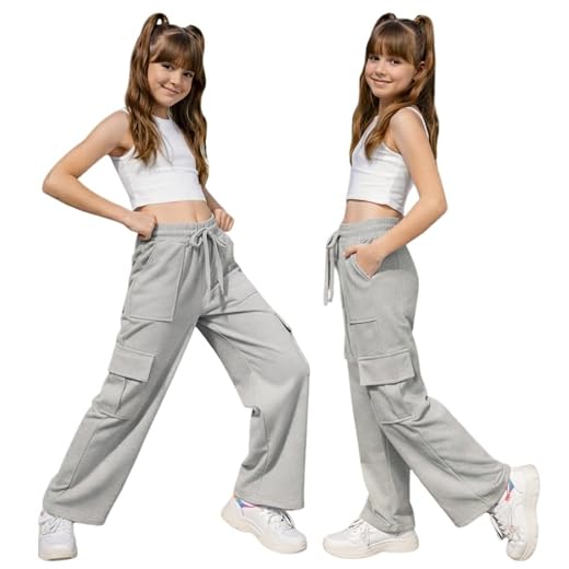 Calça Cargo Juvenil Feminina Moletom Infantil Calça de Moletom Menina Perna Larga Cintura Elástica com Bolsos Cargo Calça Casual Esportiva Meninas Adolescente - DENYS MODA