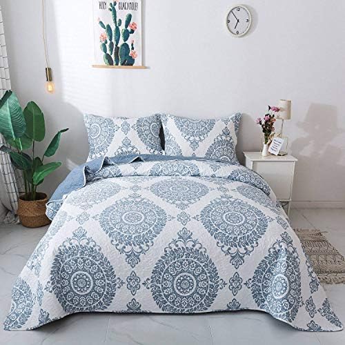 HoneiLife Quilt Set Queen Size - 3 Piece Microfiber Quilts Reversible Bedspreads Patchwork Coverlets Floral Bedding Set All Season Quilts, Blue-Grey