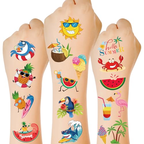 150 PCS Summer Temporary Tattoos 6 Sheets Waterproof Fake Tattoos with Tropical Fruits Flamingos Hello Summer for Adults Pool Party Hawaiian Stickers for Hawaiian Luau Party Favors Supplies
