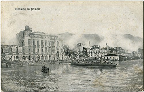 1910 Messina in fiamme attacco SOMMERGIBILE ? PORTO FP B/N VG ANIM Cartolina Postale