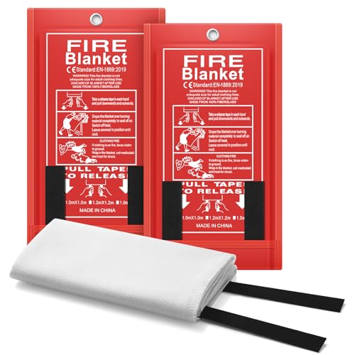 FLASLD Löschdecke Küche Feuerlöschdecke Fiberglas-Feuerdecken Notfall für Menschen schwer entflammbarer Schutz und Wärmeisolierung (100 x 100 cm 2 Stück)