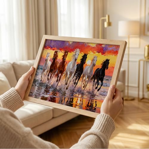 Image of Suneree 7 Horse Painting Vastu for Home - Running Horses Wall Art Framed Landscape | Seven Horses Wall Painting for Living Room Decor (Natural, Design 01, 10x13 Inch)