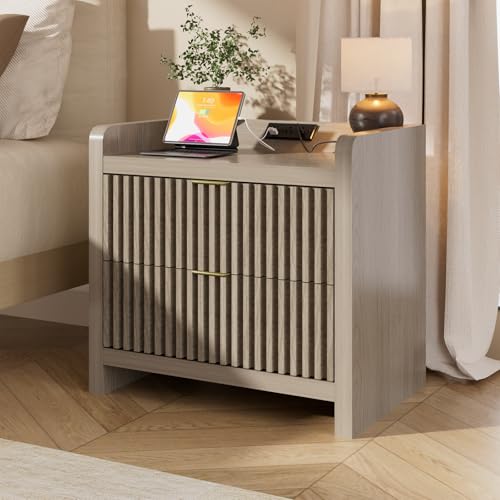 Image of BREEZEHEAT Fluted Nightstand Set of 2, Nightstands with Charging Station, Large Nightstand Bedside Table with 2 Large Drawers, Mid Century Modern End Table for Bedroom, 24 inch Wide, Grey Alder