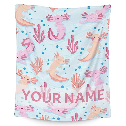 Girl Blanket - 60x80 Inches Personalized Cute Axolotl Throw - Light Blue Soft Fuzzy Blankets for Bed, Couch & Living Room