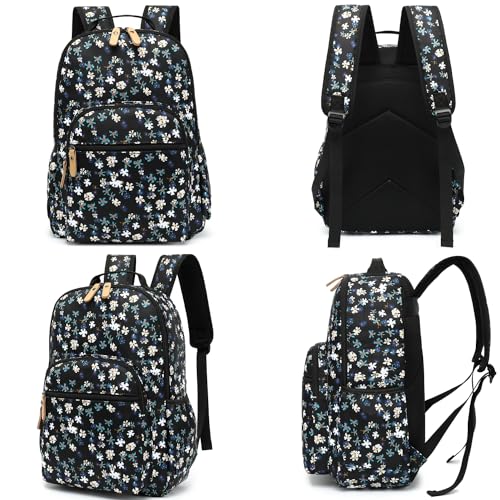 Image of Leaper Laptop Backpack for Women: Cute Girls Backpack Floral for School College Travel Work - Lightweight Bookbag for Kids, Black-white Flower, Large, Traditional Backpacks