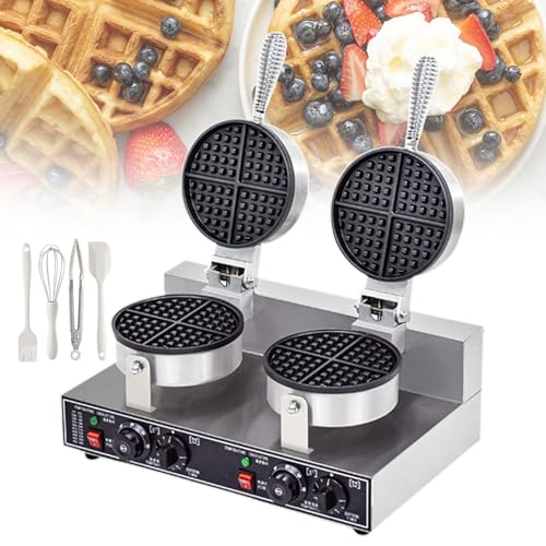 lilishangmao Waflera De Calentamiento Doble Cara De 1200 W,Waflera Redonda Comercial,Temporizador De 0-5 Min Y Control De Temperatura De 50 °C A 250 °C,Revestimiento Antiadherente,para Cafeterías
