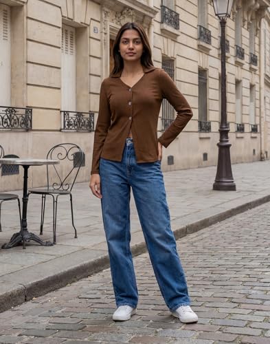 Image of Selvia Women's Ribbed Button Front V Neck Collar Long Sleeve Top, Casual Slim Fit Knit Top
