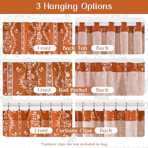 Image of Yinhua Boho Curtains for Living Room 63 Inch Length Vintage Linen Orange Curtains for Bedroom Light Filtering Floral Window Curtain Rod Pocket & Back Tabs Farmhouse Rustic Tassel Drapes with Tiebacks