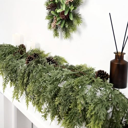 Guirnalda artificial de cedro para Navidad, 2M de cipreses y pino verde, decoración colgante para chimenea, escalera, marco de puerta, decoración interior y exterior (1)