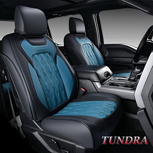 Coverado Tundra Car Seat Covers Full Set, 5Pcs Front And Rear Leather Seat Cover For Truck Custom Seat Protector Truck Pickup Compatible With 2007-2021 Toyota Tundra Crewmax/Double Cab(Black&Blue) #TOP18