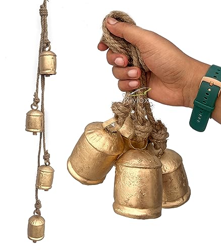 Riylox Shabby Chic Bells Set of 4 Hanging Metal Tibetan Inspired Meditation Decorative Cow Bell with Jute Rope Vintage Handmade Lucky Rustic Metal Tranquil Wind Chimes Wall Hanging Decor Gift