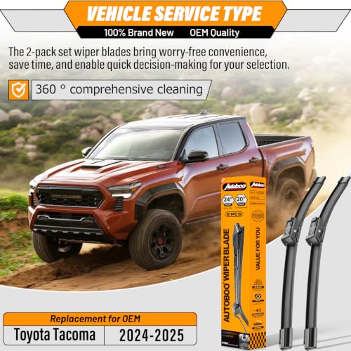 Image of OEM Windshield Wiper Blade Replacement for Toyota Tacoma 2024-2025 | Fits Tacoma 2024-2025, 24 inch +20 inch, 2-pack, OEM quality, all-season performance, easy install