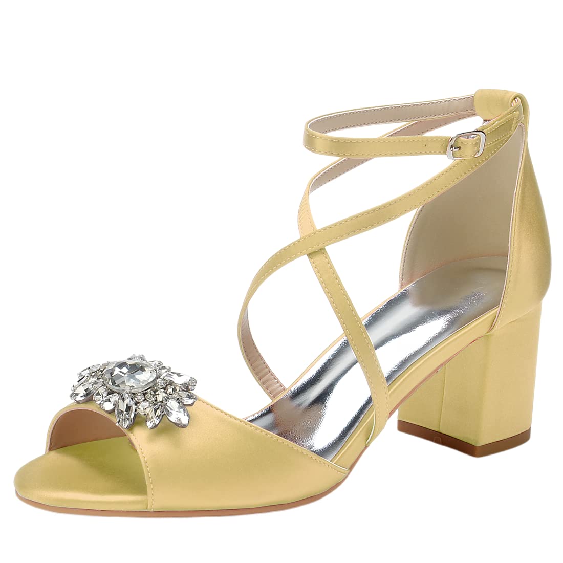 Sandales strass femme mariage soirée talon 6 cm bout ouvert satin doré 39.5 - 3