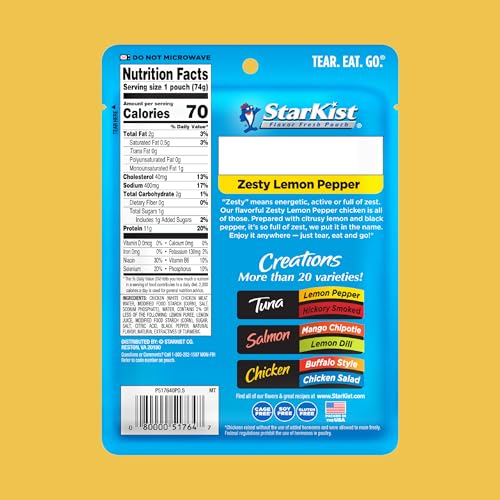 Image of StarKist Chicken Creations Zesty Lemon Pepper, 2.6oz Pouch, 1-Pack | 11g Protein Per Serving, Fully Cooked White Meat, Gluten Free, Soy Free, No Draining, Ready to Eat for Salad and Sandwiches