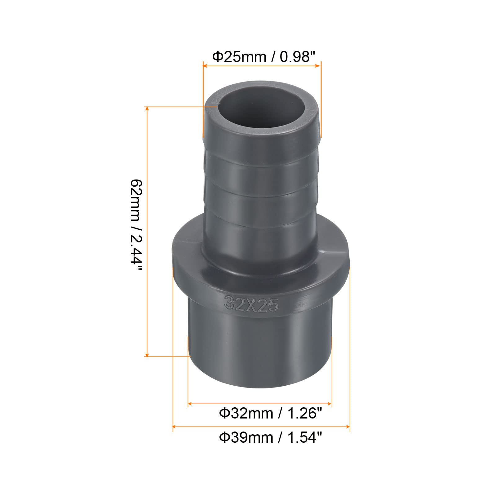 PATIKIL UPVC Reductor Tubo Montaje 32mm OD 25mm Púas, 2 Paquetes Rectos Acoplamientos Adaptador Conector, Gris — view 2