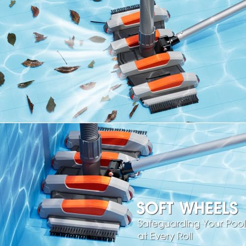TidyMister Heavy Duty Pool Vacuum Head with Swivel Handle -Extra-Wide 3.2LB Weighted Vac Heads Side Brush & Wheels for Vinyl Liner-Deep Cleaning for Inground & Above Ground Swimming Pool - Orange