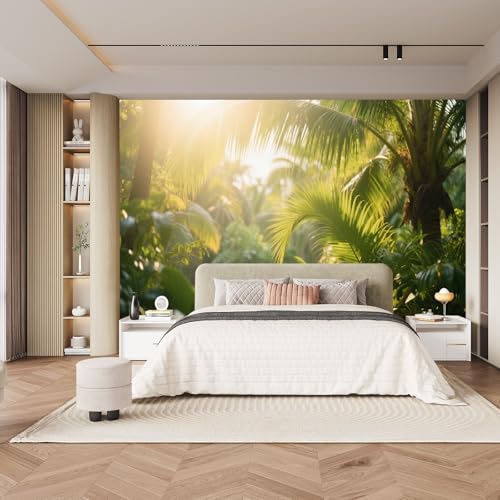 Palm Forest Wall Mural Tropical Garden Wallpaper For Bedroom Boho Coastal Decor Golden Light Through Green Leaves Scene Wall Art Ideal For Beach Lovers Tropical Escape Seekers 91'W x 60'H Murals