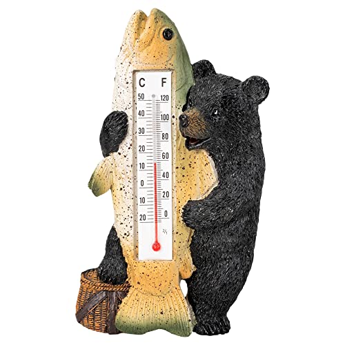 Slifka Sales Co. X2670 Chubby Black Bear Holding Fish 6.25 X 3 Resin Indoor Or Outdoor Hanging Wall Thermometer cover