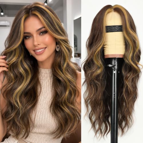 Image of AISI HAIR Chocolate Brown with Caramel Highlights Wig for Women, Long Wavy Lace Hairline Middle Part Synthetic Heat Resistant Wig for Daily Party-26 Inch