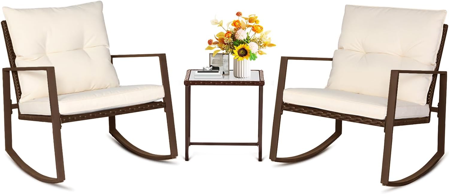 SUNCROWN 3 Piece Outdoor Rocking Bistro Set Black Wicker Furniture Porch Chairs Conversation Sets with Glass Coffee Table, Beige