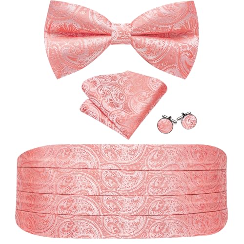 Image of Barry.Wang Men Silk Paisley Cummerbund and Pre-tied Bowtie Handkerchief Cufflink Set for Tuxedo