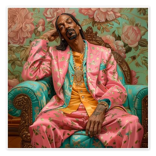 Posterlounge Snoop Dogg sitting on retro sofa Poster de DejaReve 30 x 30 cm Rose clair Tableaux Décoration murale