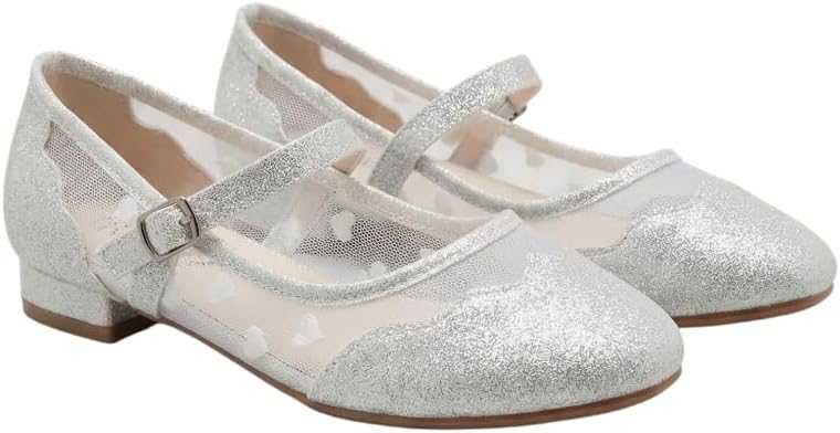 SIRRI Girls Mesh Mary Jane Flats Heart Ballet Pumps Buckle Closure Wedding Party Shoes
