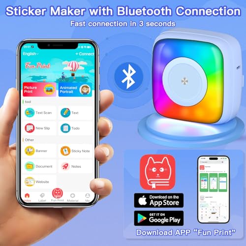 Image of Mini Printer Sticker Printer Print Pod with 6 Rolls Sticker Paper, Seven Color Lighting Modes for DIY Scrapbook, Travel, Notes, Label, Memo, Compatible with iOS&Android