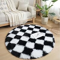Tappeto Rotondo Lavabile In Flanella | Motivo Scacchiera Bianco E Nero | Antiscivolo Con Retro TPR | Diametro 100 Cm | Per Soggiorno E Cameretta