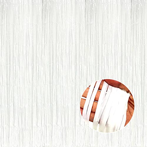 Image of 4 Pack Macaron White Foil Fringe Curtain Backdrop, 3.28Ft x 8.2Ft Foil Fringe Streamers Curtains for Party, Photo Booth Props, Birthday, 2022 Graduation Decor Supplies, One Size