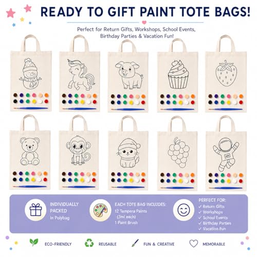 Image of (Pack of 10)- DIY Eco-Friendly Canvas Tote Bags for Kids- Pre-Outlined Designs for Painting | Perfect Return Gift for Kids Birthday Party | Reusable Cotton Bags (Includes Paint and Brush- Design 1)