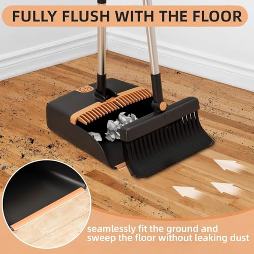 Image of Broom and Dustpan Set, Cleaning Supplies Broom and Dustpan Set for Home, Long Stainless Steel Handle Brooms with Upright Dustpan Combo Set for Home Office Kitchen Lobby Floor Cleaning