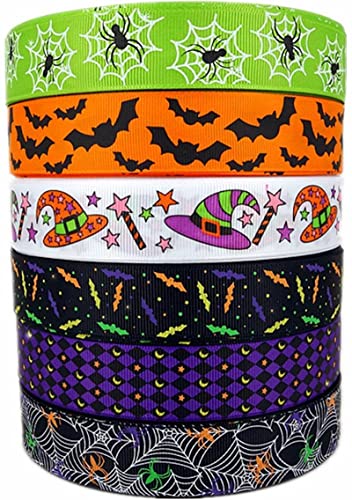 Halloween Bats Spiders Web Pattern Printed 1 Inch Grosgrain Ribbon (Multicolor-A)