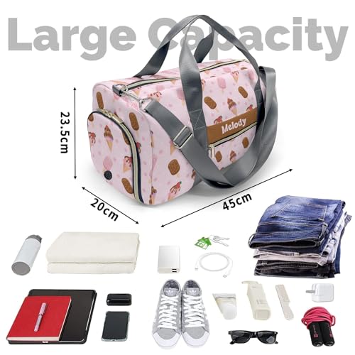 Elegant Ice Cream Custom Duffel Bag with Name, Waterproof Personalized Gym Bag, Travel Sports Overnight Bag with Shoe Compartment & Shoulder Strap4